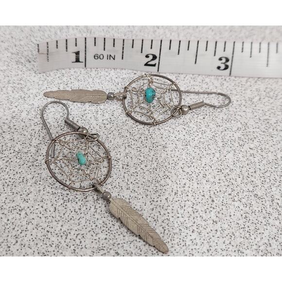 Native American Silver Dreamcatcher With Turquoise Stone Feather Earrings 3" - Picture 3 of 3
